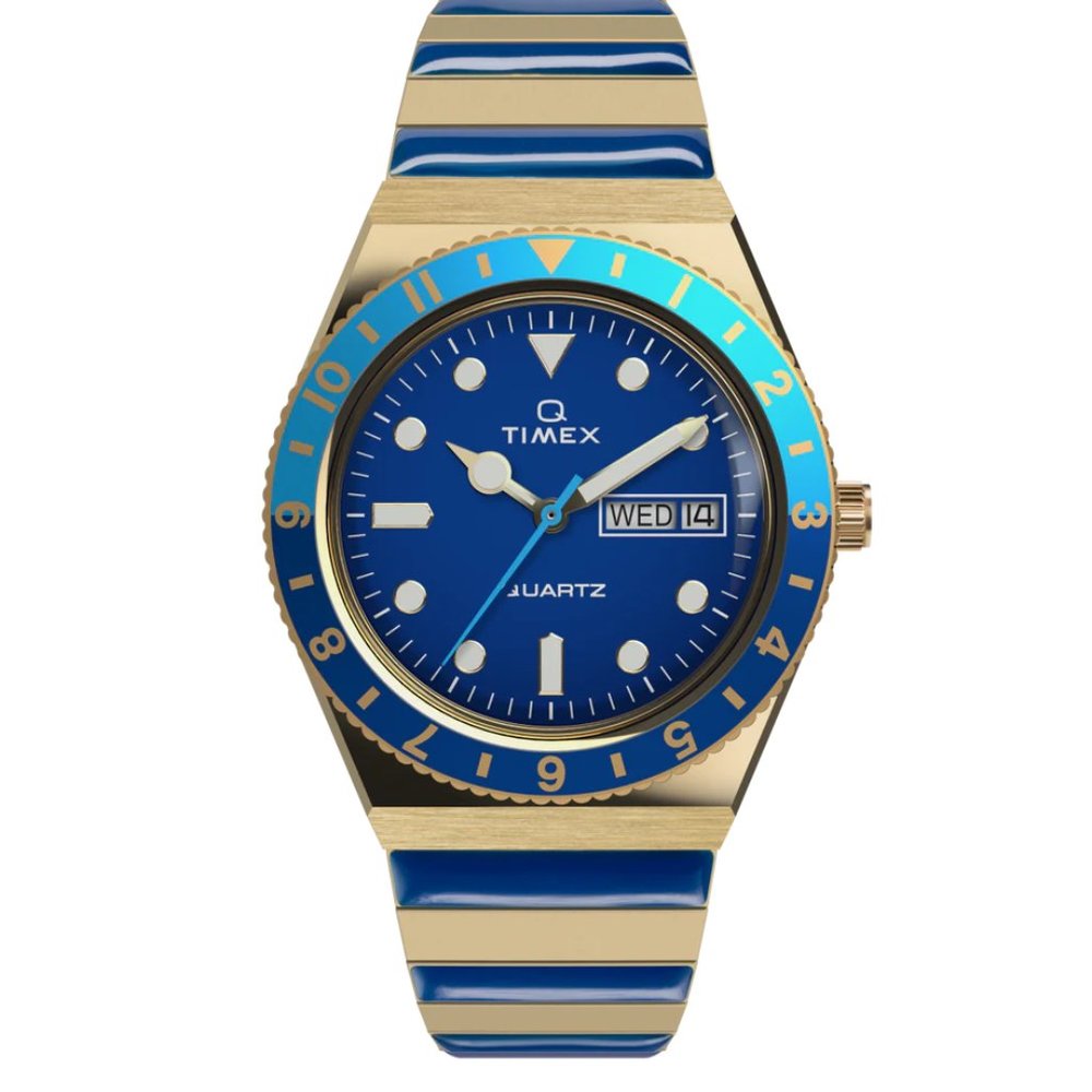 NEW! Q Timex Malibu 36mm Stainless Steel Expansion Band Watch Gold blue